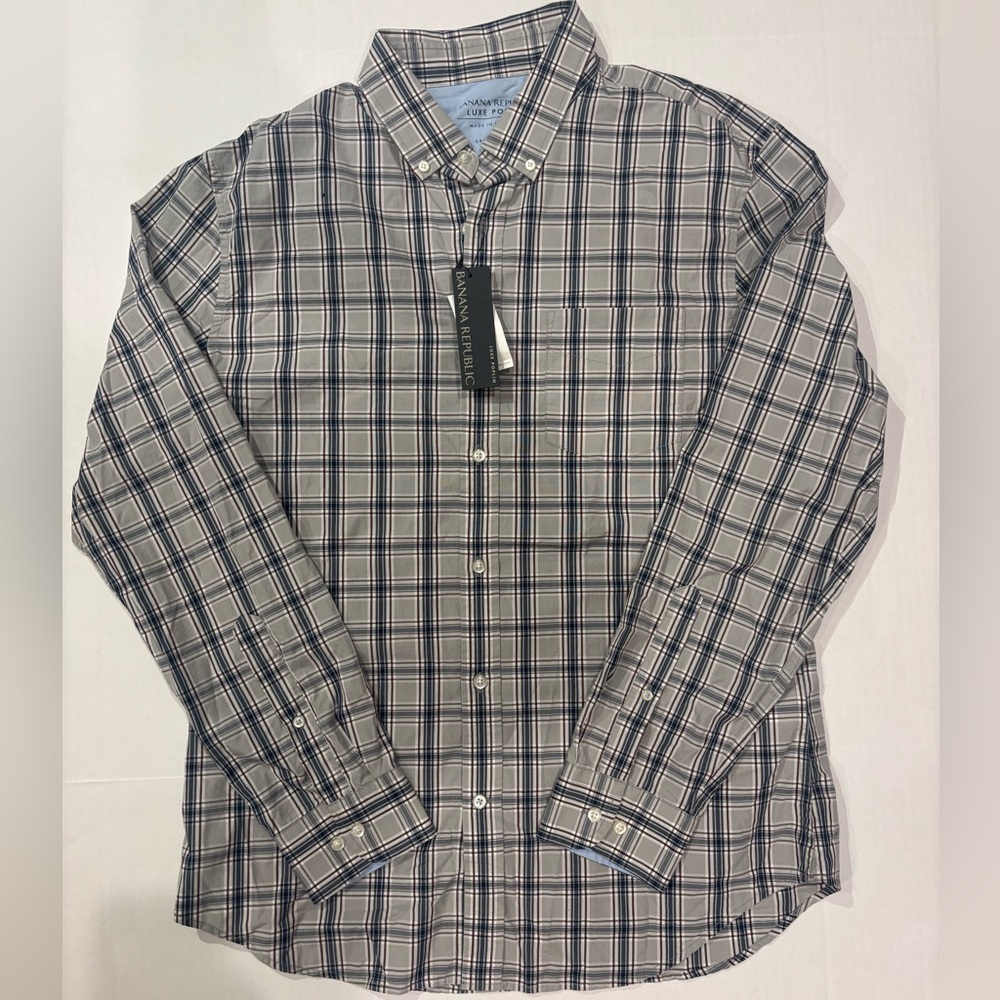 Banana Republic NEW Button Up Shirt Mens L Gray Plaid Luxe Poplin Grant Slim Fit